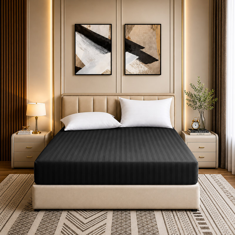 Luxury Striped Microfiber Fitted Sheet - 40 cm Deep Pocket, Ultra-Soft, Wrinkle-Resistant & Easy Car, Black, Single (3')