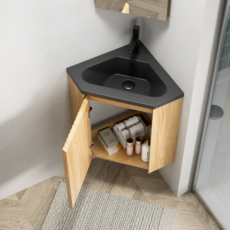 Meuble-lavabo de salle de bain mural avec lavabo, armoire de rangement triangulaire murale avec une porte pour coin