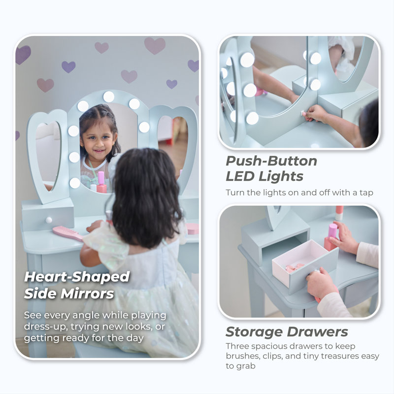 Teamson Kids Heart Glow Wooden Vanity Set With LED Lights Mirror & Stool, Blue