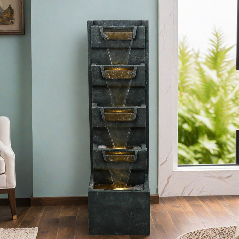39.3" Outdoor Garden Water Fountain – 5-Tier Modern Cascading Resin Waterfall Fountain With LED Light, Floor-Standing Outdoor Water Feature Home Décor