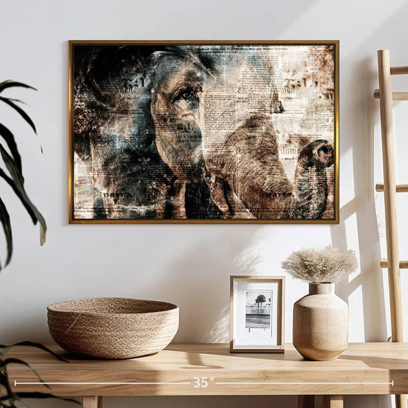 Éléphant texturé, 25 po x 17 po, Cadre flottant doré