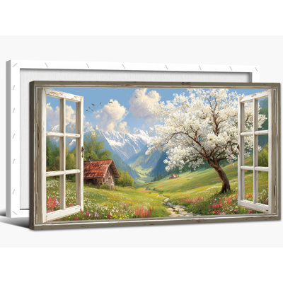 Spring Landscape Window Pictures Wall Decor, Vibrant Nature Canvas Scenery Art Prints, Charming Forest Wall Artwork, Cherry Blossom Tree Paintings fo