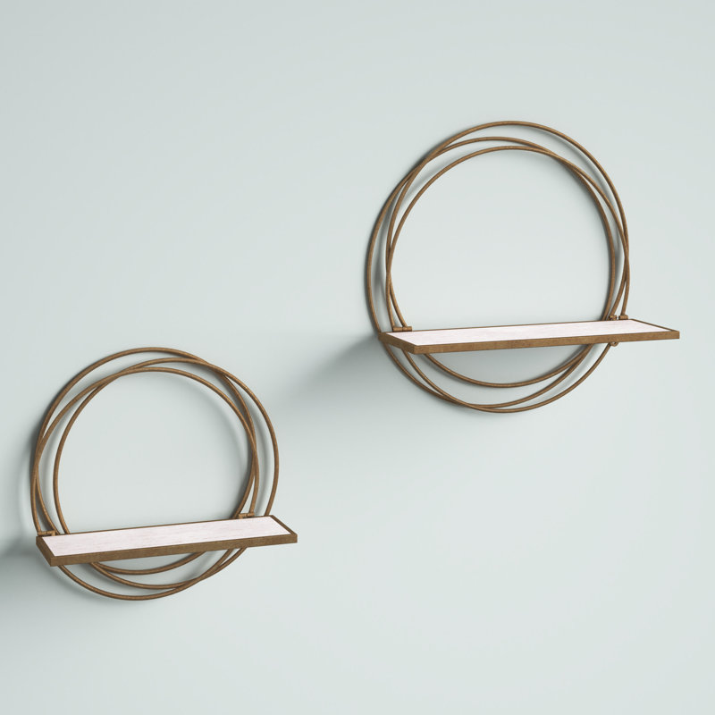 Gold Metal Rings Floating Wall Shelves with Whitewash Wood