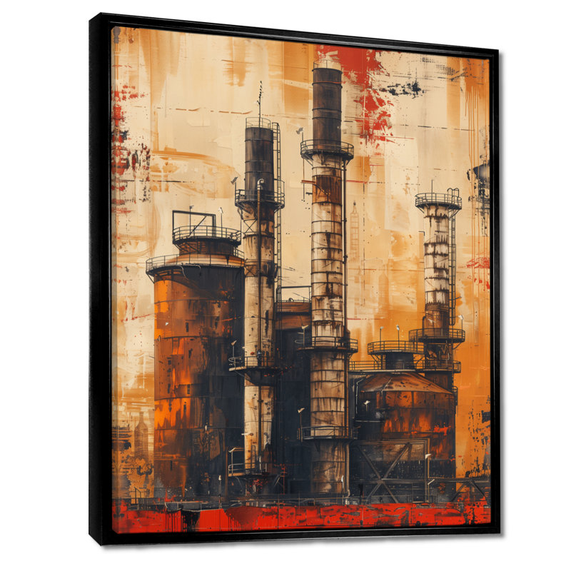 Salon industriel rétro Vintage Polution I - usines, art mural, Toile avec cadre flottant noir, H 44 po x l 34 po x P 1,5 po