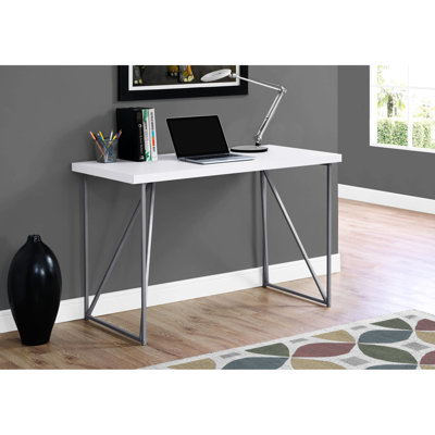 Modern Desk For Home Use, 48" With White Laminate Surface And Grey Metal Base, Stylish Functional Work Study, Compact Small Spaces Contemporary Writing Monitor Shelf, Top Legs, Practical Office, Ideal