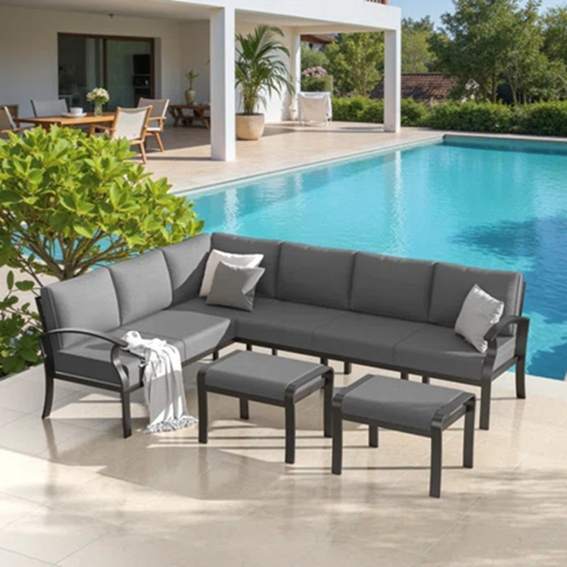 8-Person Outdoor Aluminum Sectional Sofa with Soft Cushions, Powder-Coated Frame, Two Ottomans, Gray