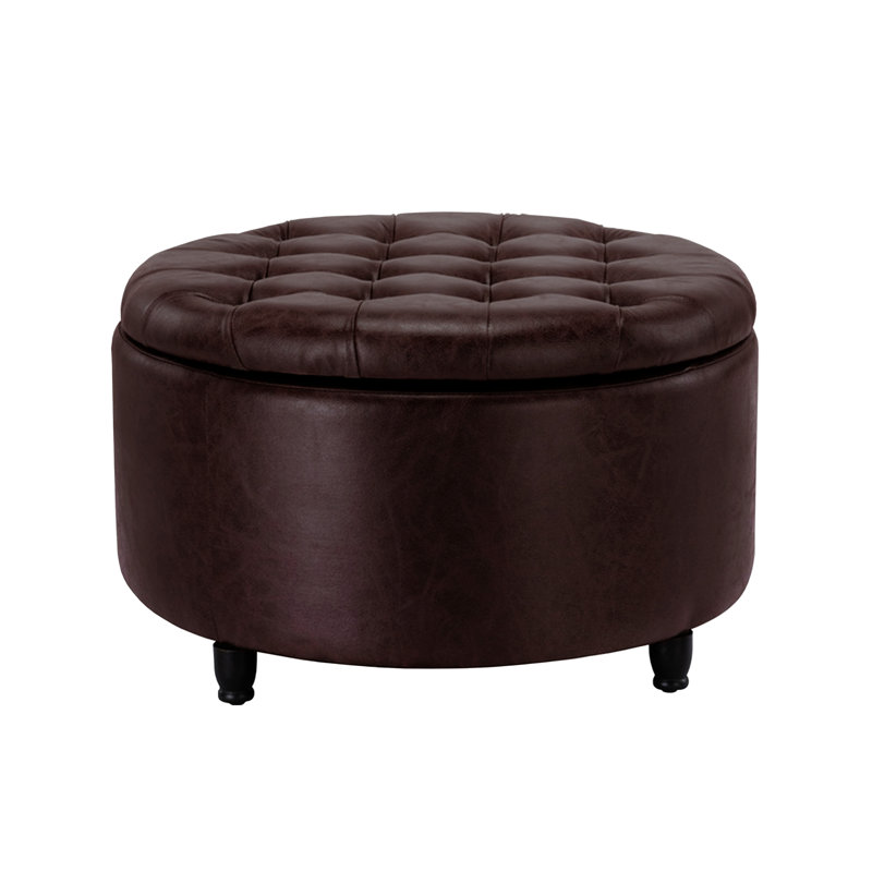 Niche Knight  28" Large Round Pintucked Storage Ottoman With Lift Off Lid - Brown Faux Leather, Brown, Dark Brown Wood