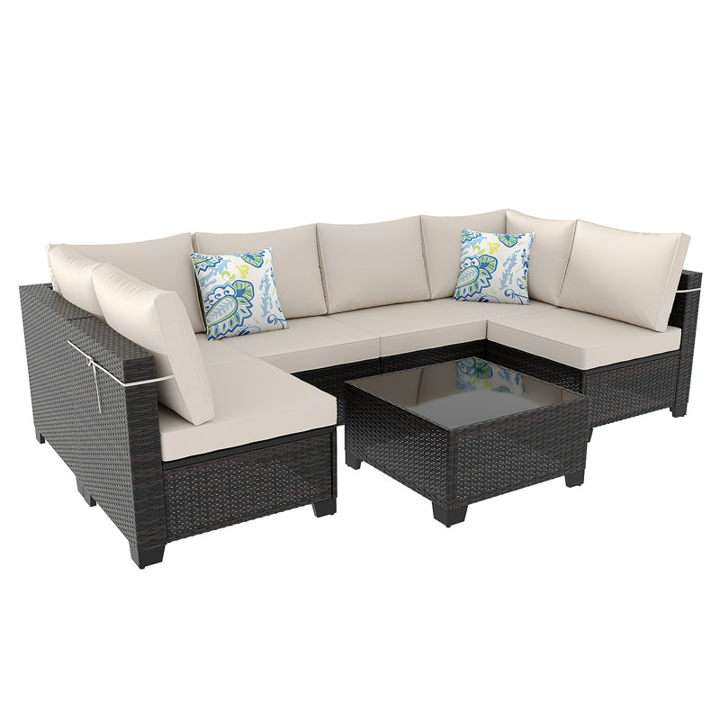 7 -Person Outdoor Metal Patio Sofa Set With Water-Resistant Cushions, Rust-Resistant Frame, Brown, Beige