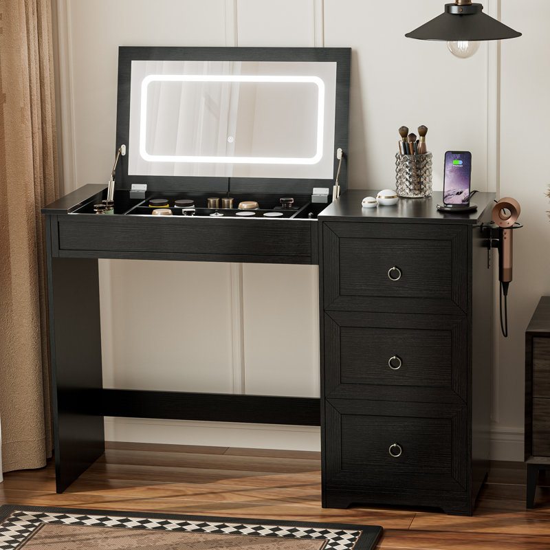 Makeup Vanity with Flip Top Mirror Dressing Desk with Drawer & Power Outlet and Adjustable Lights, Black