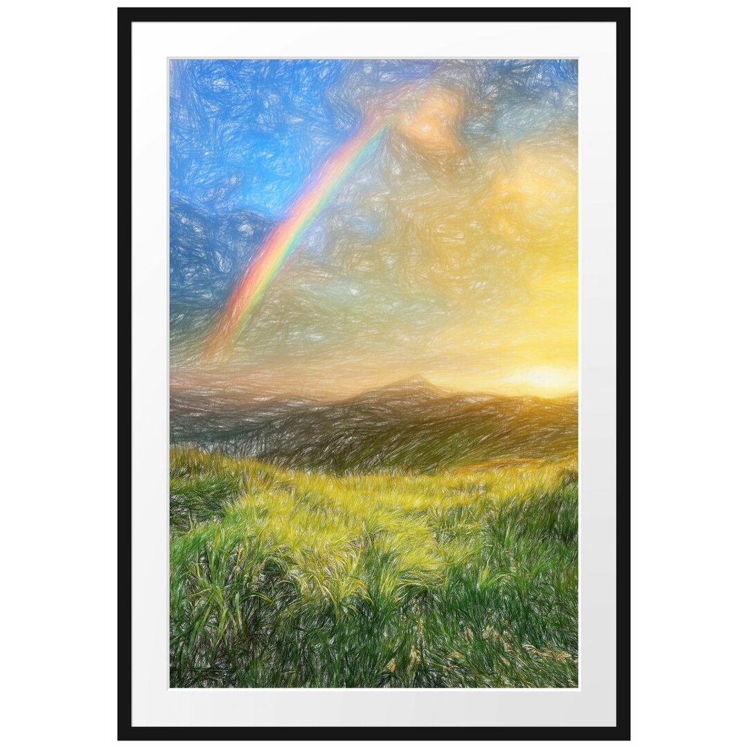 Gerahmtes Poster Berge mit Regenbogen am Himmel