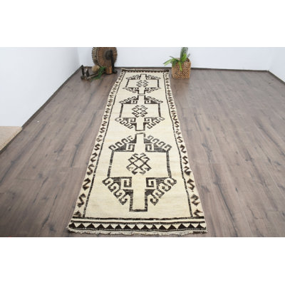 3.2x11.9 Ft Beige Wool Patchwork Runner Rug, Traditional Style Runner Rug