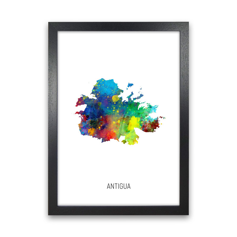 Antigua Watercolour Map by Michael Tompsett - Print, Black Framed, 63cm H x 46cm W x 3cm D