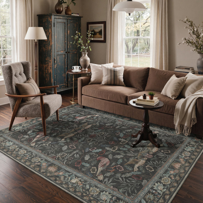 Allendale Aura Floral Peacock Machine Washable Grey / Brown Indoor Area Rug with Non-Slip Backing, Rectangle 9' x 12'