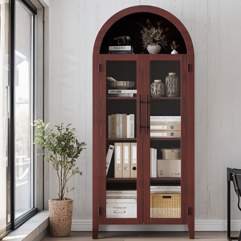 Arched Bookcase Cabinet, Farmhouse 5-Tier Shelf with Adjustable Shelf and 2 Glass Doors, Versatile Storage Cupboard for Kitchen, Dining Room, Living Room