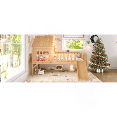 Twin Size House Loft Bed with Slide,Playhouse Bed with Star-shaped Designs and Window, Chic Design with LED Lights,No Box Spring Needed,White