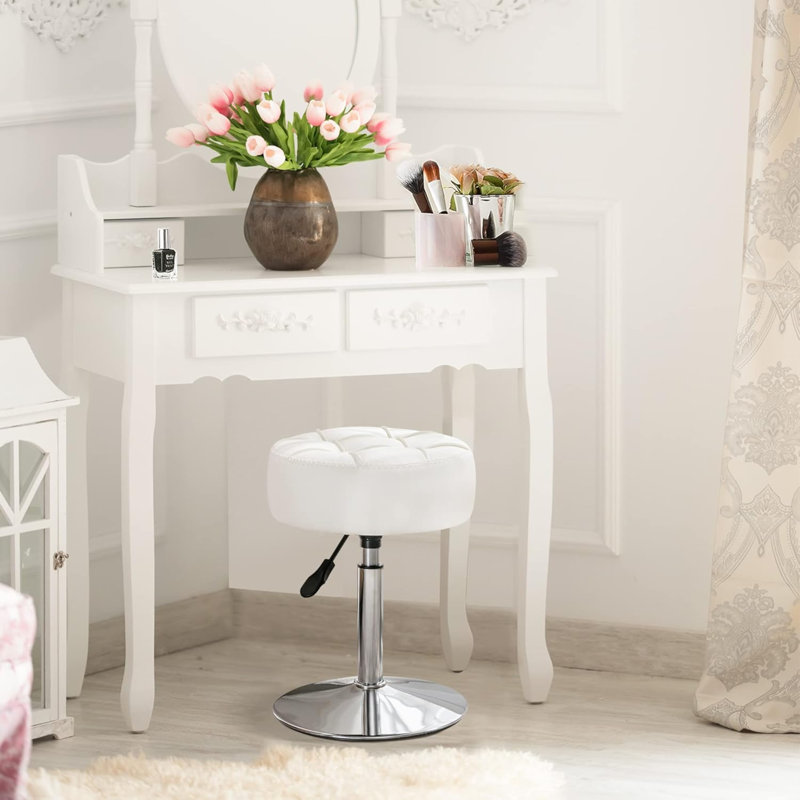 Tabouret de coiffeuse réglable, fauteuil pivotant à 360 ° pour salle de maquillage, tabouret en similicuir blanc pour salle de bain et salon