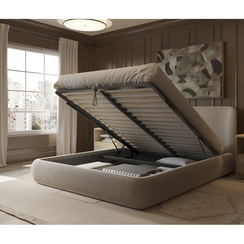 Upholstered Platform Bed with Storage Lift-Up Mechanism, Performance Fabric, King, Beige