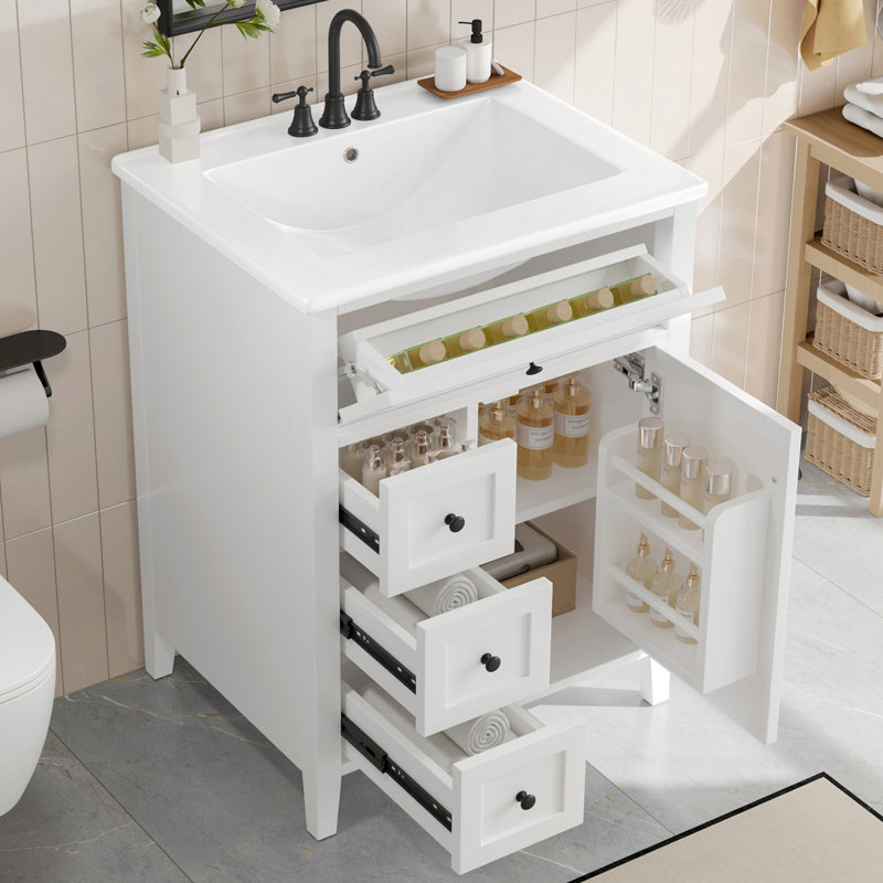 23.95 " W Freestanding Standard Free Standing Single Double Single Vanity Bathroom Vanity With Ceramic Top, White