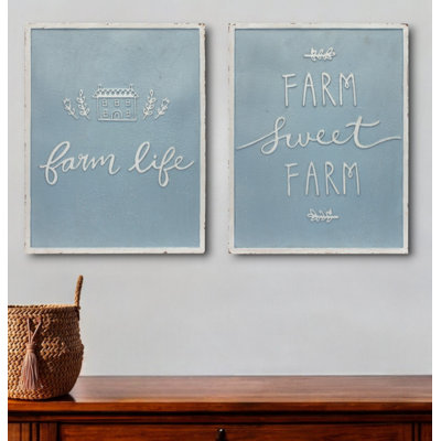Set of Two Blue And White Farm Sweet Farm Metal Wall Decor