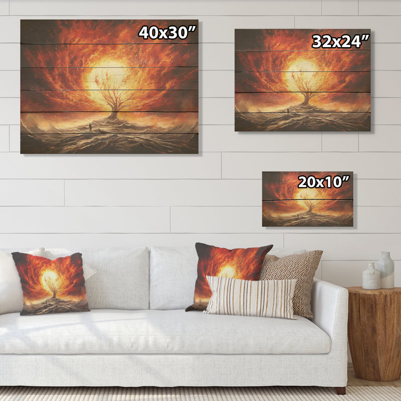 Moses Burning Bush Christianity Landscape - Christianity Wood Wall Art On Natural Pine Wood, 30" H x 40" W