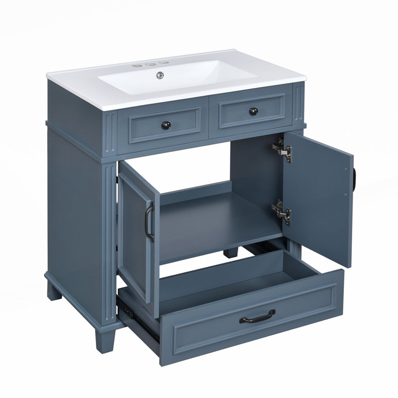 Meuble-lavabo en bois massif durable avec lavabo en céramique et rangement spacieux, parfait pour les salles de bain modernes