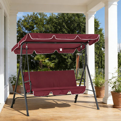 Balancelle en acier stable avec une capacité de trois personnes, des coussins de grande hauteur et un abat-jour de parasol réglable