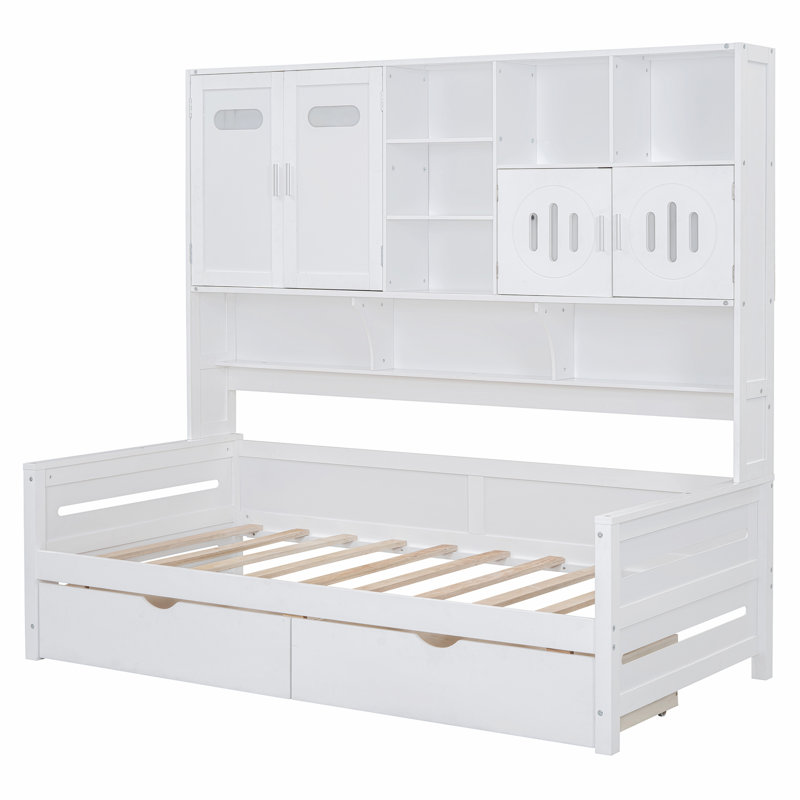 2 Drawers Daybed With Bookcase And Cabinet, Twin, White