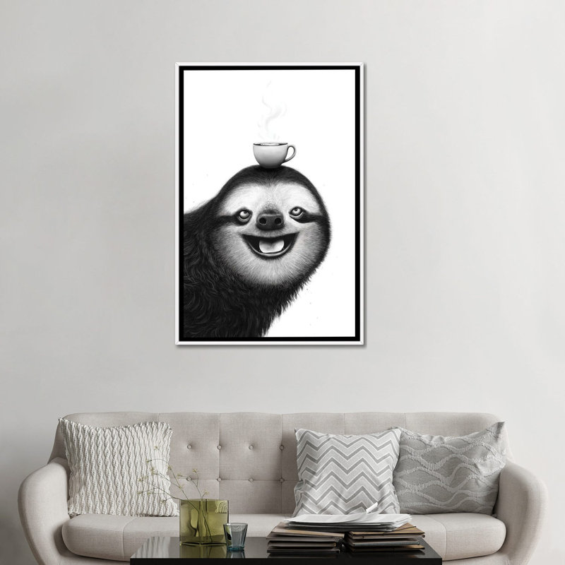 Paresseux avec cappuccino - reproduction d'art murale - toile encadrée, 48" x 32", Toile avec cadre, White