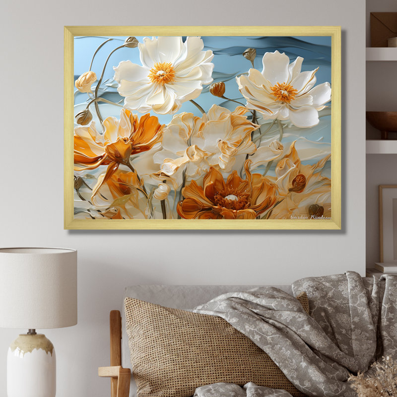 Rayon de soleil fleurs de souci sur toile, H 12 po x l 20 po x P 1 po, Cadre doré simple