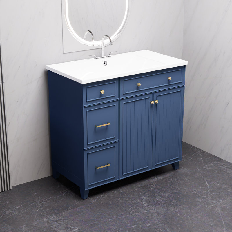 Meuble-lavabo 36 po avec lavabo en porcelaine, tiroirs standards et doubles, Bleu