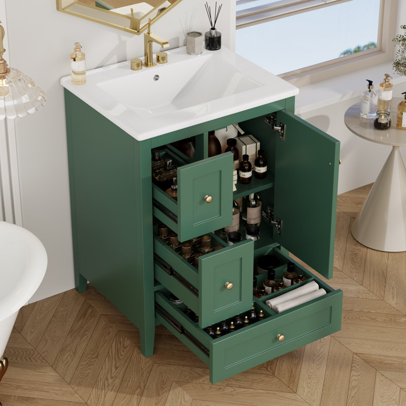 Armoire de salle de bain avec cadre en bois massif L 24 po x l 18 po avec lavabo en céramique, tablettes réglables, Or