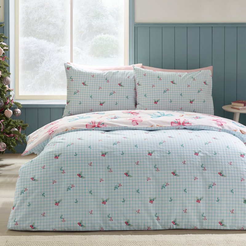 Christmas Bows And Bells Reversible Duvet Cover Set, Single Duvet Cover + 1 Standard Pillowcase