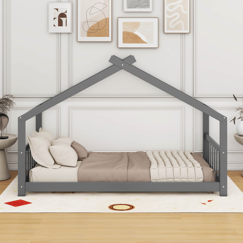 Solid Wood Low House Bed, Gray, Twin