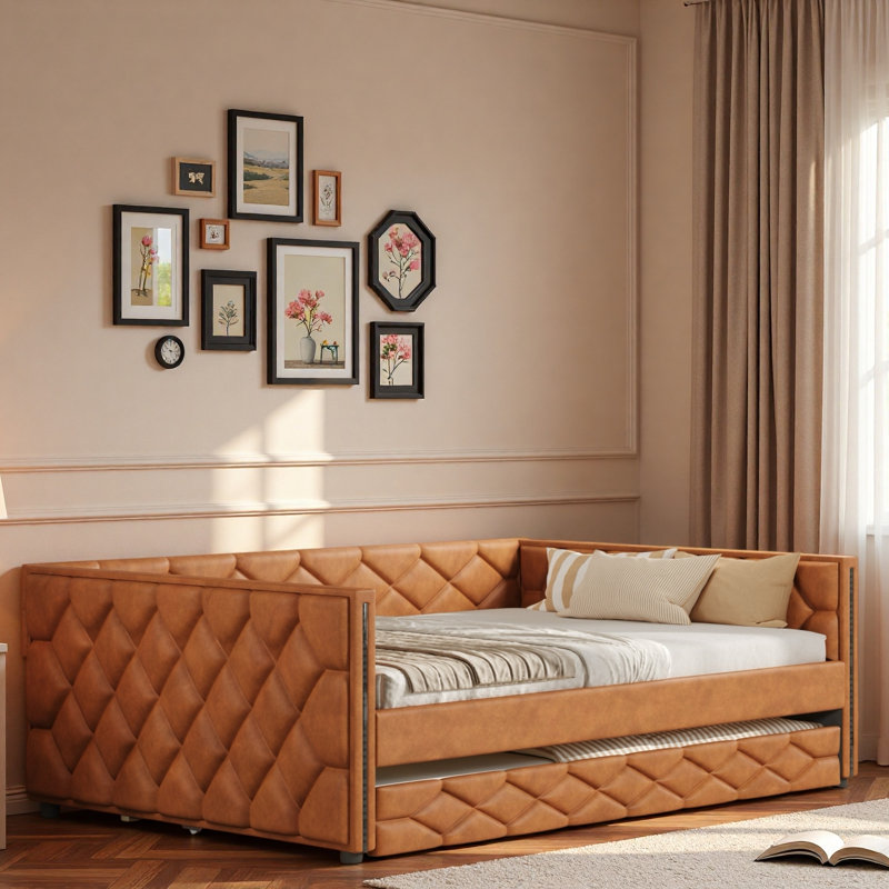 Upholstered Daybed With Trundle And Led, Brown