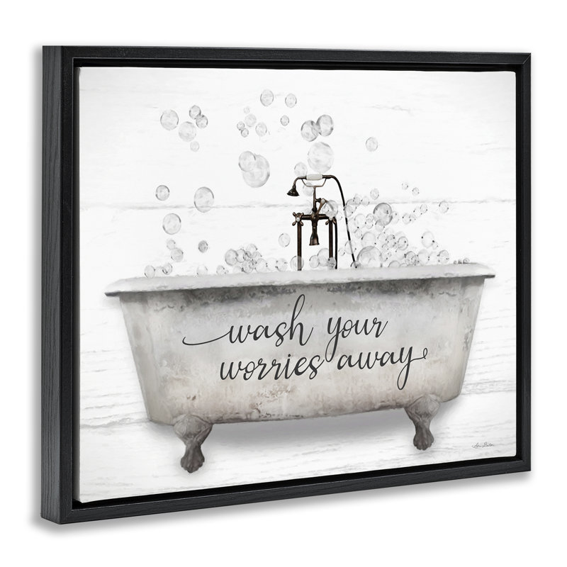 «Wash Worries Away Tub Bubbles», art mural sur toile flottante noire par Lori Deiter, H 21 po x l 17 po