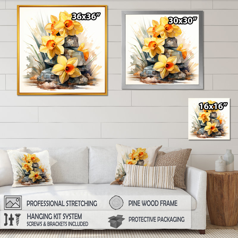 Jaune jonquille Gardn Beauty II - Jonquille, art mural, H 30 po x l 30 po x P 1,5 po, Cadre flottant doré