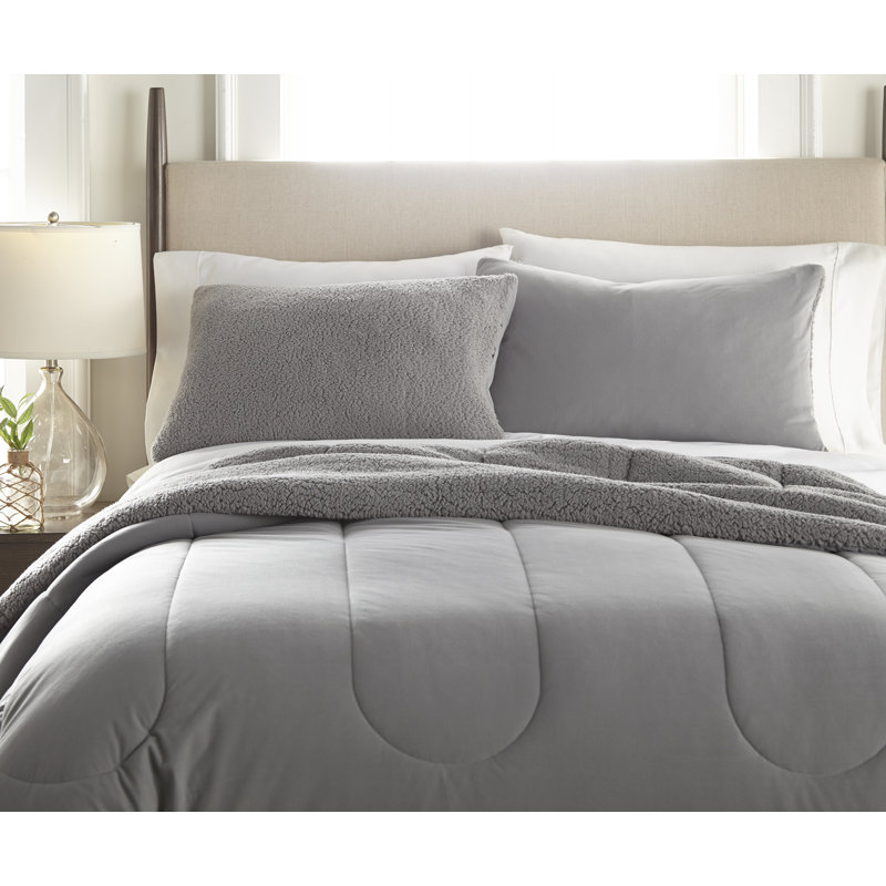 Ensemble d'édredon inversé en sherpa Micro Flannel®, Édredon pour très grand lit + 2 taies décorativ, Graystone