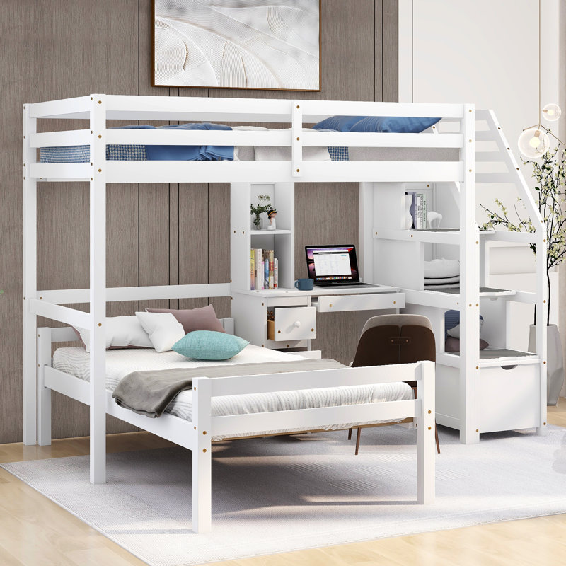 Lit superposé en L simple au-dessus de simple avec bureau intégré Ffyon, Blanc