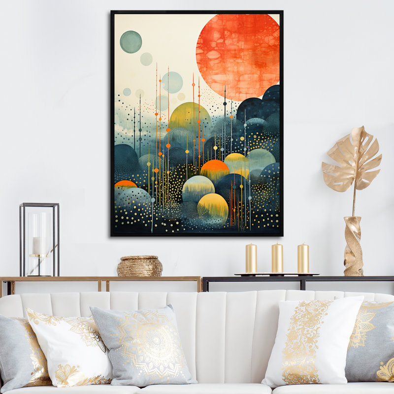 «Blue Mid Century Abstract Landscape», impression sur toile, Cadre flottant noir, H 32 po x l 24 po x P 1 po