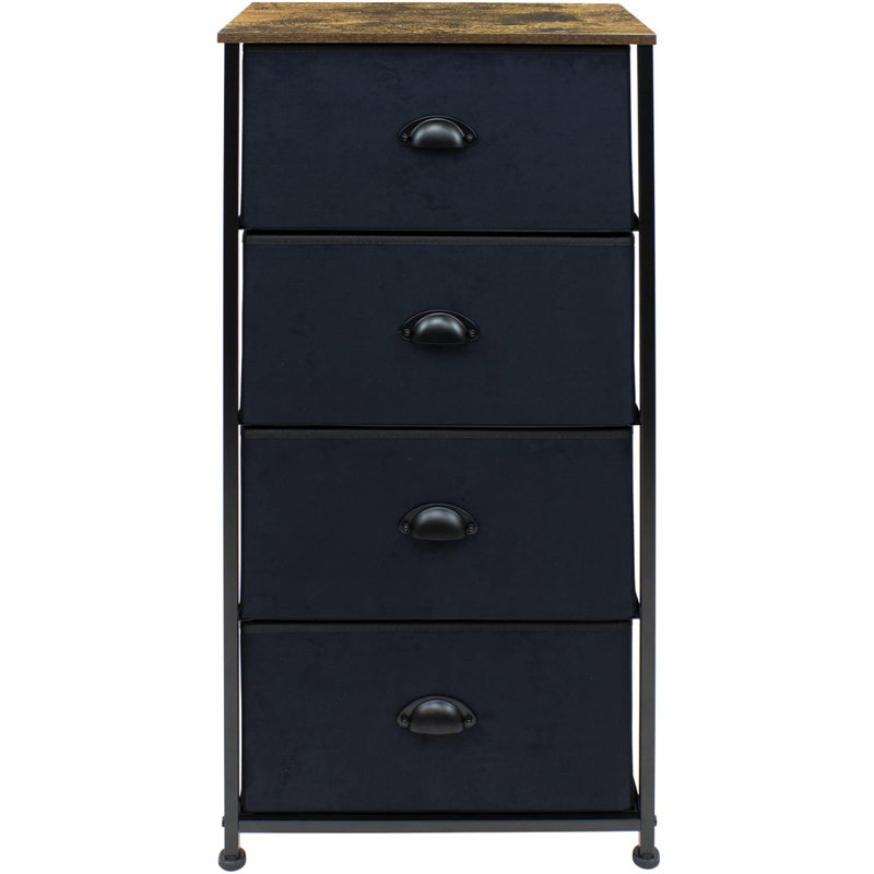 Sorbus 4 Drawers Chest Nightstand with Steel Frame, Wood Top, & Fabric Bins, Black