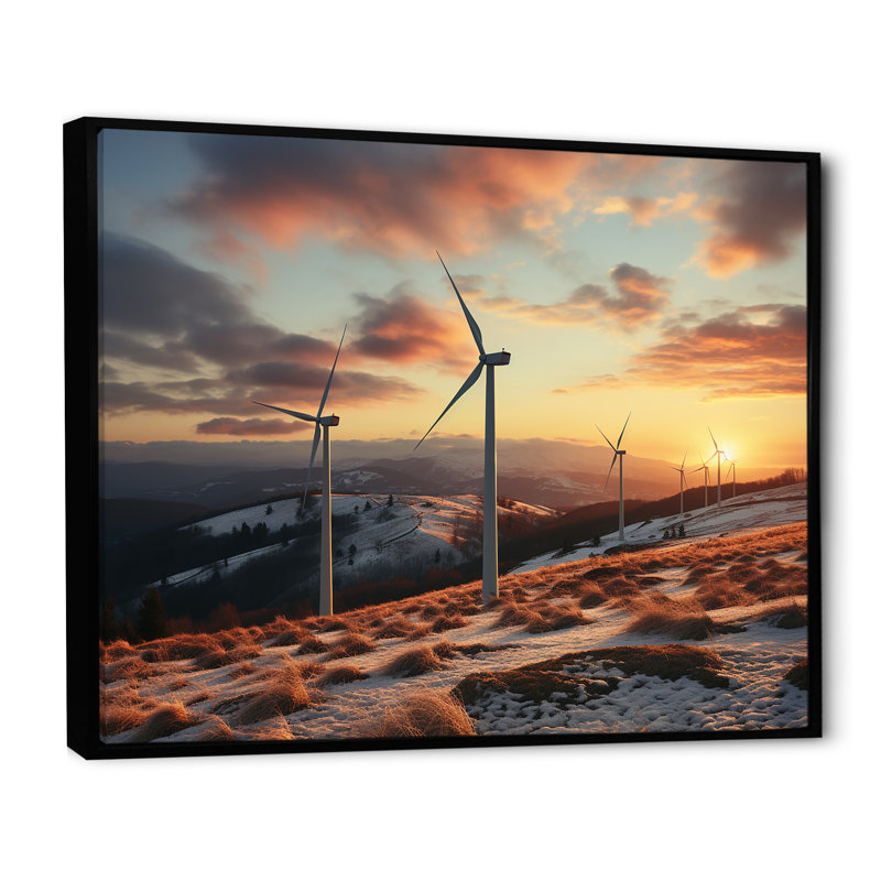 «Sunset Wind Turbines Mountain View II - Wind Turbines», art mural, Cadre flottant noir, H 30 po x l 40 po x P 1,5 po