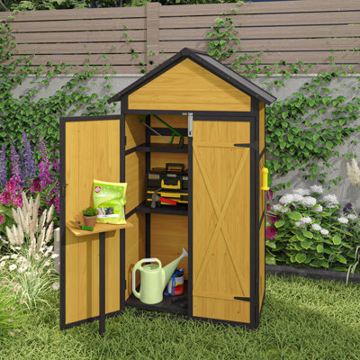 Armoire de rangement pour l'extérieur Remise en bois résistante aux intempéries avec portes imperméables verrouillables Tablettes amovibles Crochets de table pliables 69 po pour jardin et patio