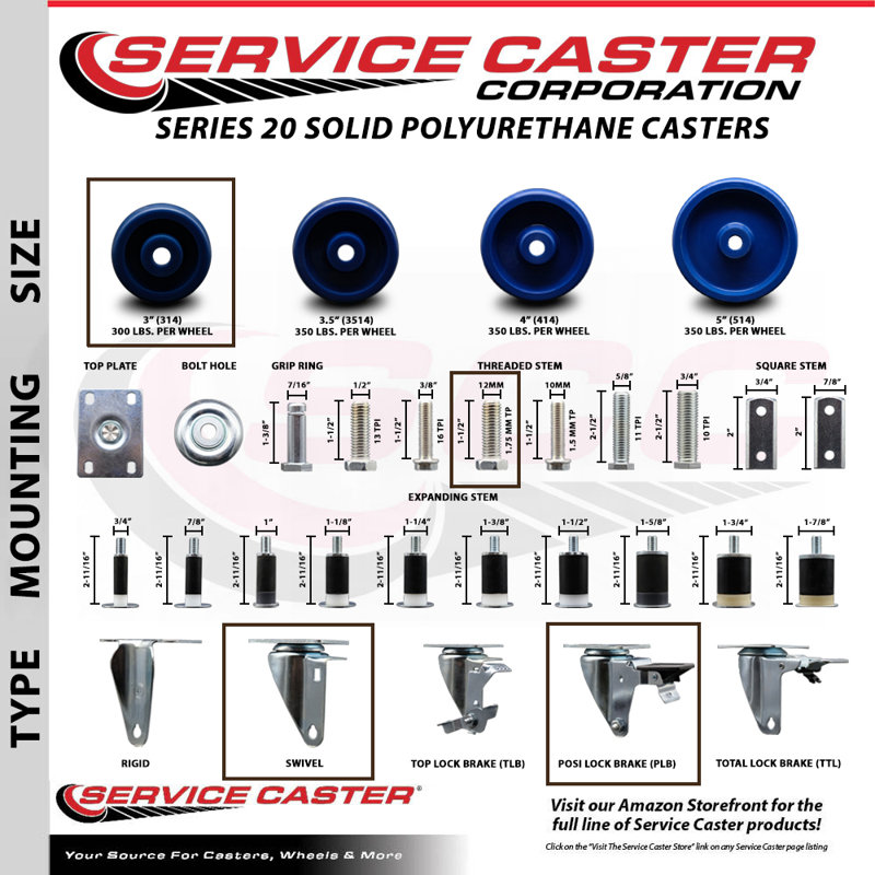 Ensemble de roulettes à tige filetée 3 pouces en polyuréthane solide 12 mm 2 freins SCC