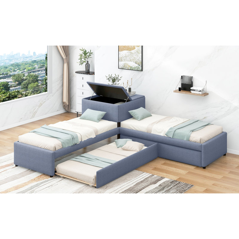 Lit plateforme en L avec bureau intégré et rangement - gris simple pour un espace limité. Lit gigogne et tiroirs supplémentaires