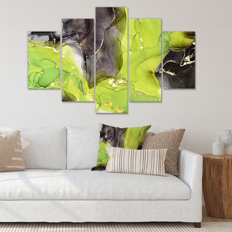 Abstract Luxury Green Black Fluid Art Canvas Modern 5-Panel Set - Abstract Fluid Art I