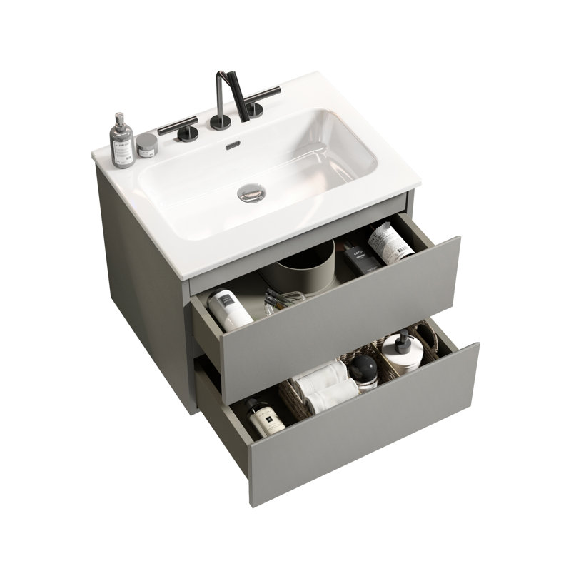 Meuble-lavabo de salle de bain gris sidéral de 24 pouces avec lavabo en céramique et design fonctionnel, trois trous pour robinetterie et préassemblé