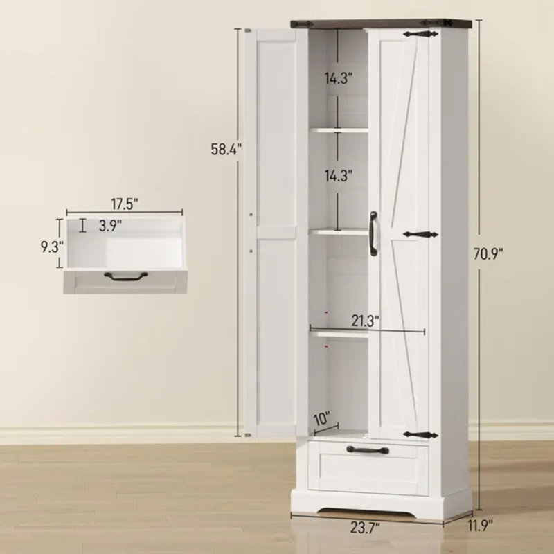 Grand garde-manger blanc de 71 pouces, armoire de rangement avec portes de grange, tiroir et tablettes réglables blanches