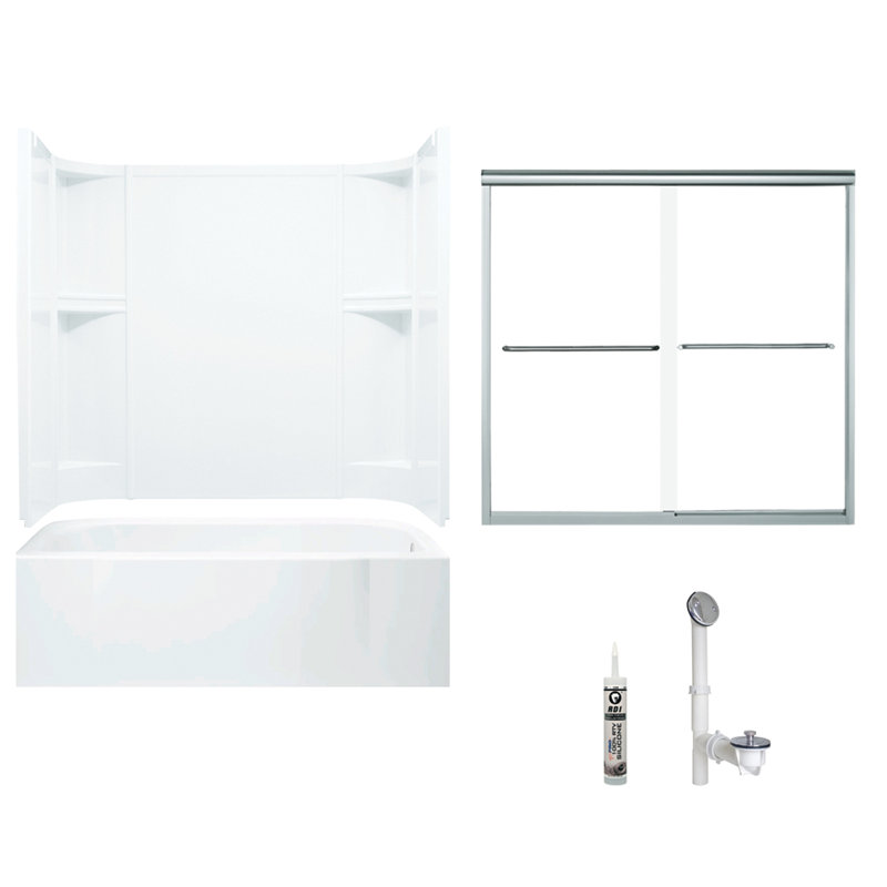 60" W x 72" H Frameless Rectangle Sliding Tub & Shower Kit with Towel Bar and Base Included, White, Silver