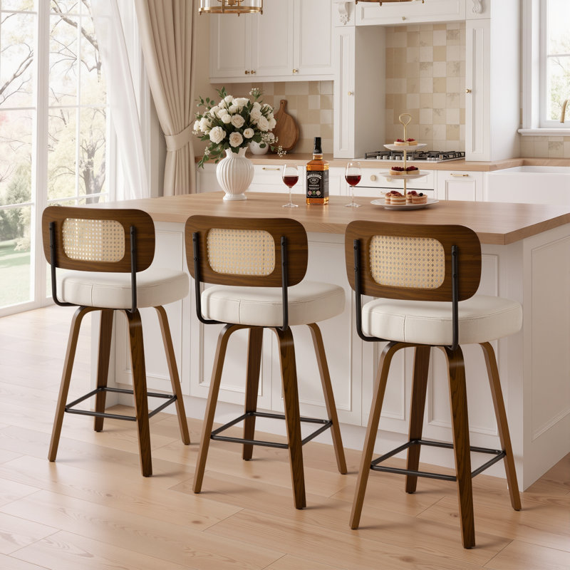 Adianey Swivel Upholstered Rattan Back Counter & Bar Stool, White, Counter Stool (26" Seat Height), Brown