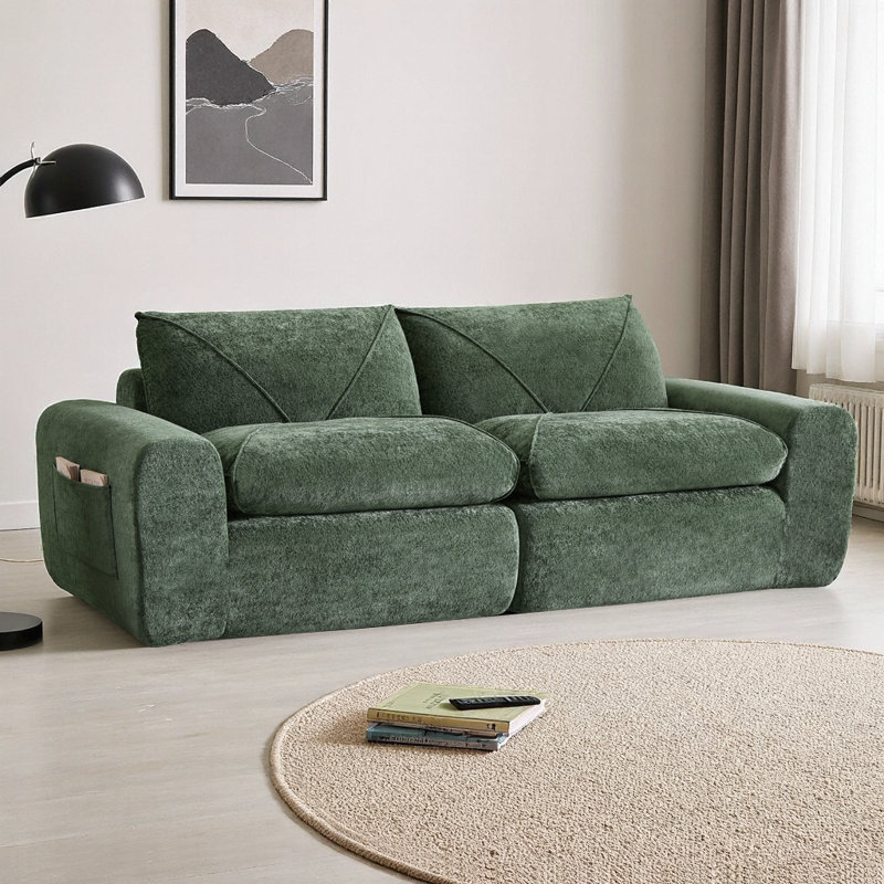 Canapé 85 places moderne 85,83 po en chenille minimaliste avec pédales, mousse haute densité et coussins à ressorts, causeuse spacieuse pour le salon, l’appartement et la famille